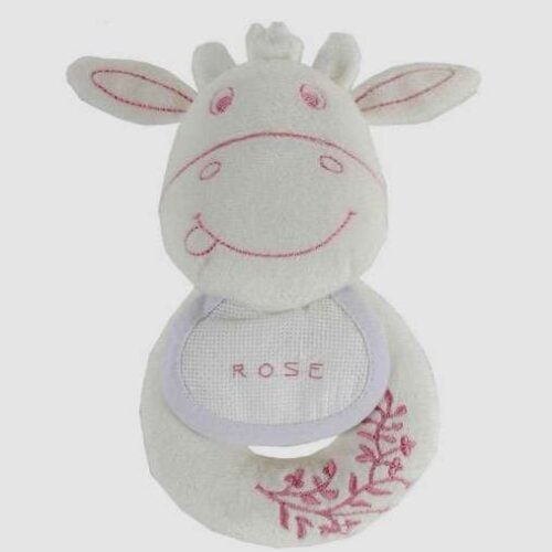 Doudou mucca bianca e rosa con sonaglino interno, dmc