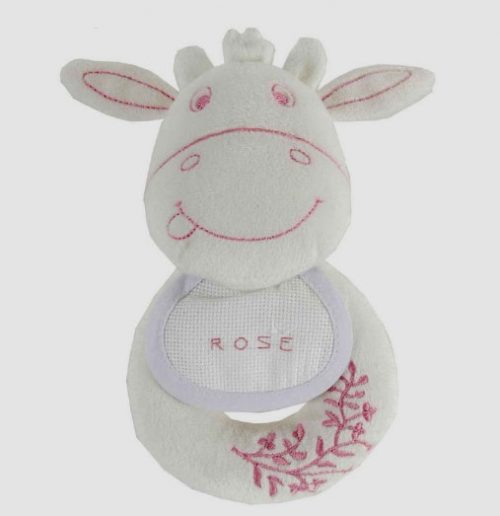 Doudou mucca bianca e rosa con sonaglino interno, dmc