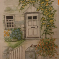 Pannello in cotone per ricamo silk (a4):  ingresso con rosaio giallo