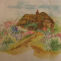Pannello in cotone per ricamo silk (a3):  casa su collina fiorita