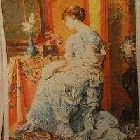 Pannello in cotone per ricamo silk (a4):  dama con ventaglio