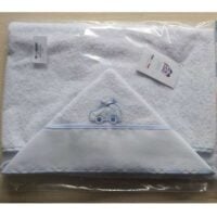 Accappatoio mantella (rettangolo) bebe' in morbida spugna bianca, rifiniture azzurre e banda in aida, made in italy