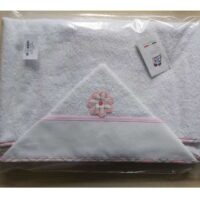 Accappatoio mantella (rettangolo) bebe' in morbida spugna bianca, rifiniture rosa e banda in aida, made in italy