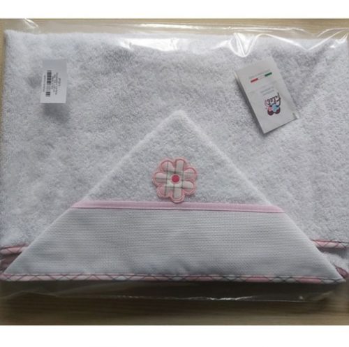 Accappatoio mantella (rettangolo) bebe' in morbida spugna bianca, rifiniture rosa e banda in aida, made in italy