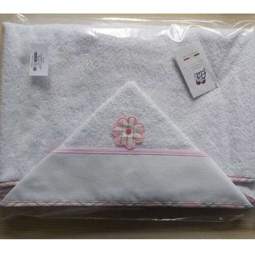 Accappatoio mantella (rettangolo) bebe' in morbida spugna bianca, rifiniture rosa e banda in aida, made in italy