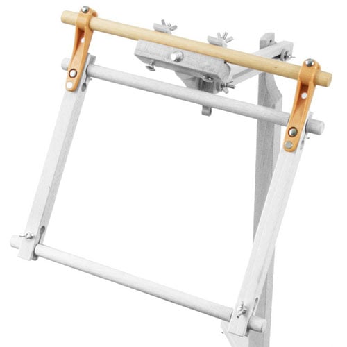 Tri205b Barra per supporto a morsetto in legno di faggio con staffe regolabili e calamite, compatibile con telai rettangolari a barre rotanti.