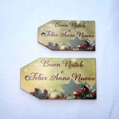 Etichette in legno decorato " buon natale " cm  8,7