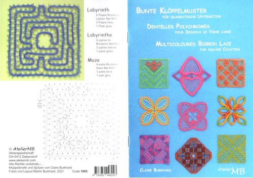 Multicoloured bobbin lace for square coasters, claire burkhard atelier mb