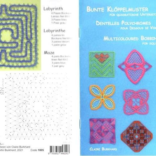 Multicoloured bobbin lace for square coasters, claire burkhard atelier mb
