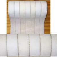 Banda lino a righe bianco e avorio con righette oro, altezza cm 20 vendita a multipli di 50 cm