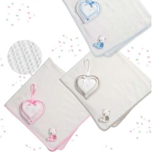 Copertina in cotone effetto maglia+fiocco cuore:tortora, azzurro, rosa