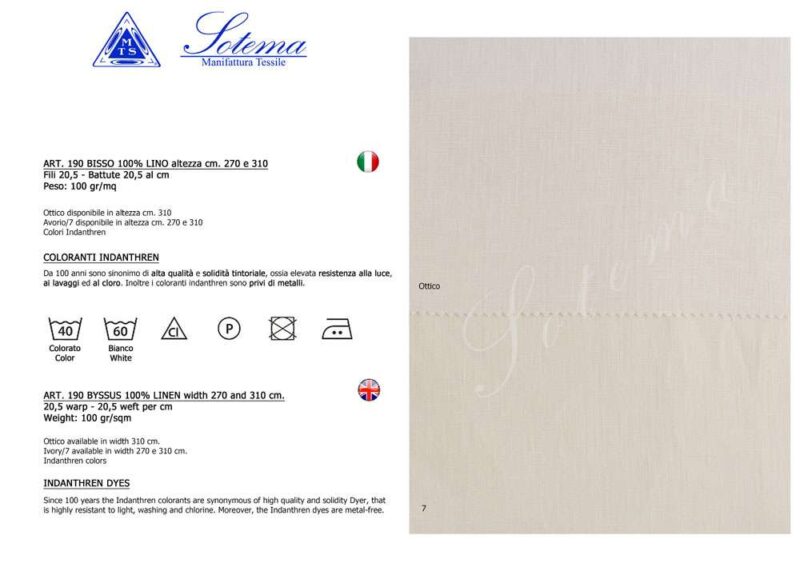 Lino bisso 190 (fili 20,5x20,5) sotema avorio 7 h. Cm 270 € 62,00 al metro vendita a multipli di 50 cm
