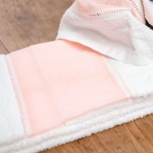 Set di 2 asciugamani in spugna bianca con banda di lino deruta 8x8 rosa cipria - immagine 4