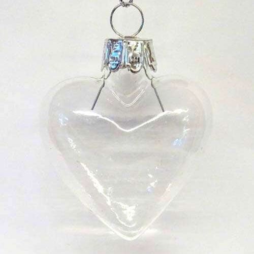 Cuore vetro trasparente mm 50 con gancio in alluminio
