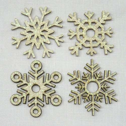 Fiocchi di neve in legno bianco e brillantinato cm 3,5/4 pz misti b