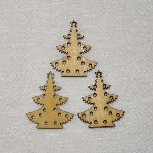 Abete in legno con stelline 3 pezzi  cm 3,1 x 2,6