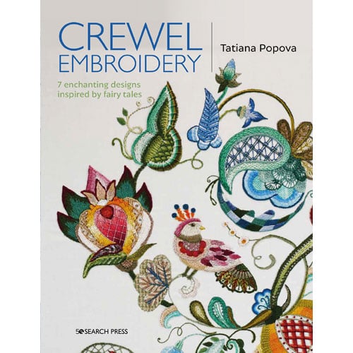 Rcw25 Copertina del libro Crewel Embroidery di Tatiana Popova, con l’albero della felicità e motivi floreali ricamati a mano.