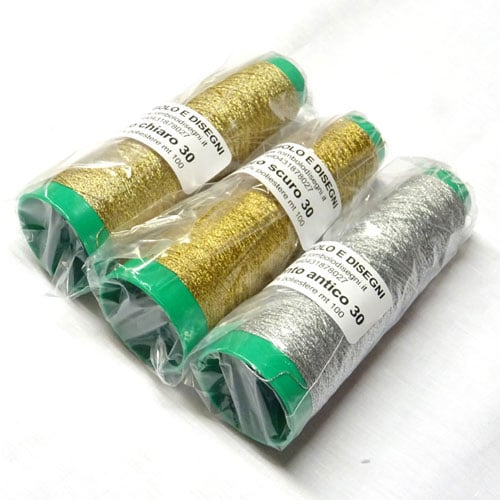 Filo metallizzato 2 capi 100mt oro scuro, oro chiaro, argento antico