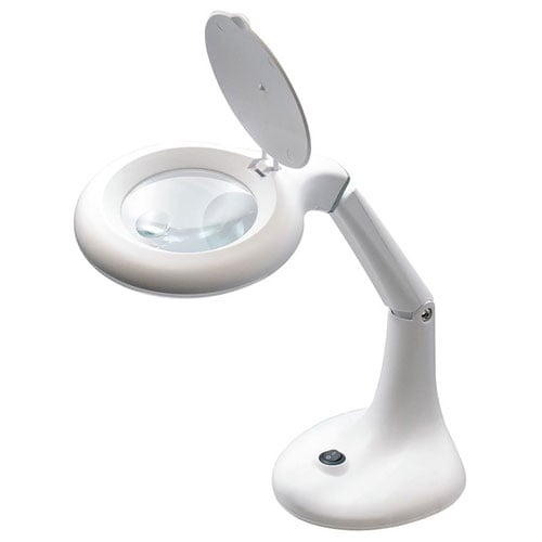 Lp70 Lampada da tavolo bianca con lente d’ingrandimento 3+8 diottrie, 15 LED SMD e braccio pieghevole.
