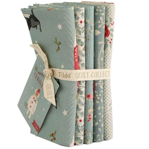 Tilda Merry Little Christmas, fat quarter DUCK EGG bundle 5 pezzi da cm 55 x 50