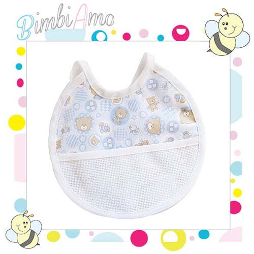 Bavaglino tela orsetti con banda in aida azzurro-rosa-grigio  cm18x18