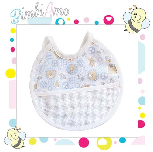 Bric112 Bavaglino tela orsetti con banda in aida azzurro-rosa-grigio cm18x18