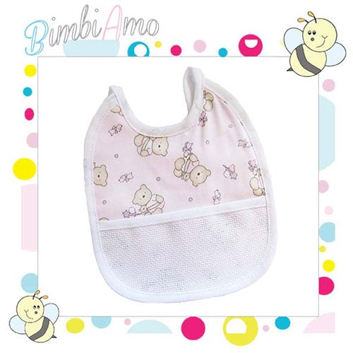 Bavaglino tela orsetti con banda in aida azzurro-rosa  cm16,5x19