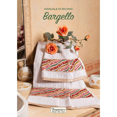 Rbarg26 Copertina del manuale dedicato al Punto Bargello, con progetti colorati realizzati a punti lanciati verticali su tessuti a fili contati.