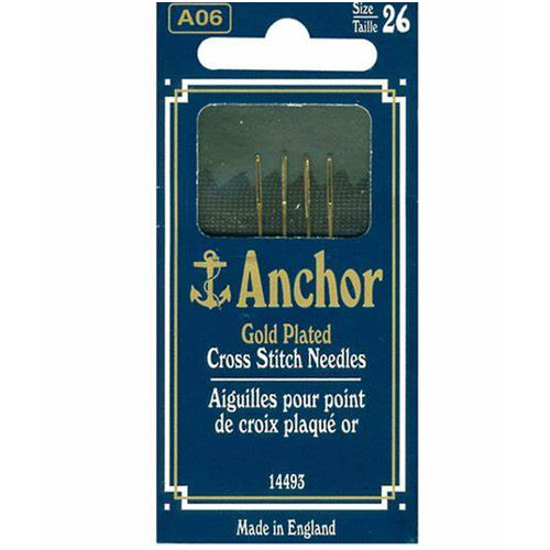 Aspu102 Bustina da 3 aghi John James Cross Stitch Gold / Gold Plated, misura n° 26–28, aghi senza punta per punto croce.
