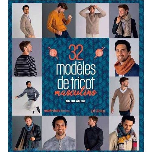 Mg440 Copertina del libro “32 Modèles de Tricots Masculins du 38 au 56” di Marie Claire, con modelli di maglieria maschile in stile contemporaneo.