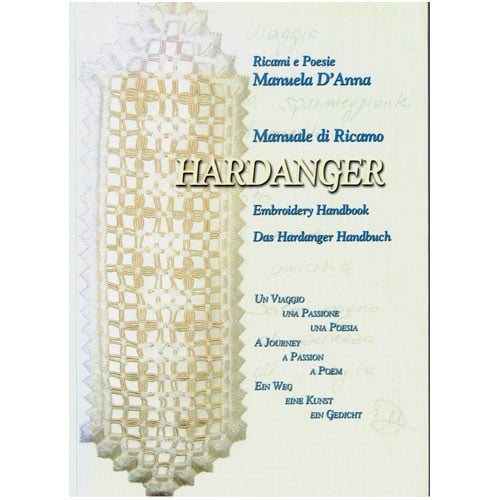 Rh197 Copertina del “Manuale di ricamo Hardanger” di Manuela D’Anna, libro tecnico e introvabile dedicato ai punti e alle lavorazioni Hardanger.