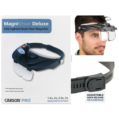 Ll79 Lente d’ingrandimento con fascia Carson MagniVisor Deluxe CP‑60, con lampada LED rimovibile e quattro lenti intercambiabili.