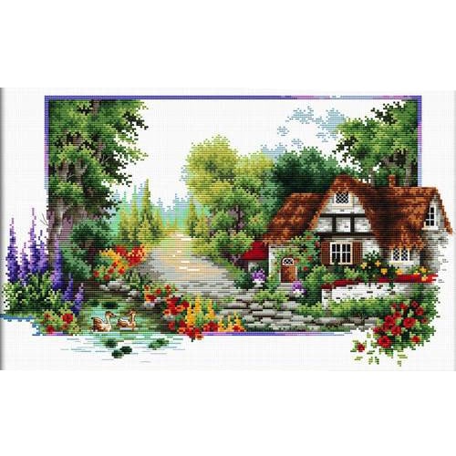 cottage Kit punto croce English Cottage Stream – paesaggio inglese stampato su tela Aida 14 count con filati DMC.