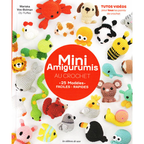 Ami4 Copertina del libro Mini amigurumis au crochet di Mariska Vos‑Bolman, con piccoli animali all’uncinetto colorati e sorridenti.