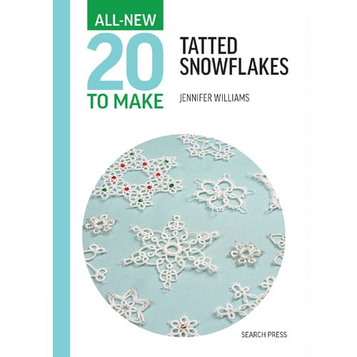 Chi306 Copertina del libro All-New Twenty To Make: Tatted Snowflakes di Jennifer Williams, con fiocchi di neve al chiacchierino decorati con perline e fili colorati.