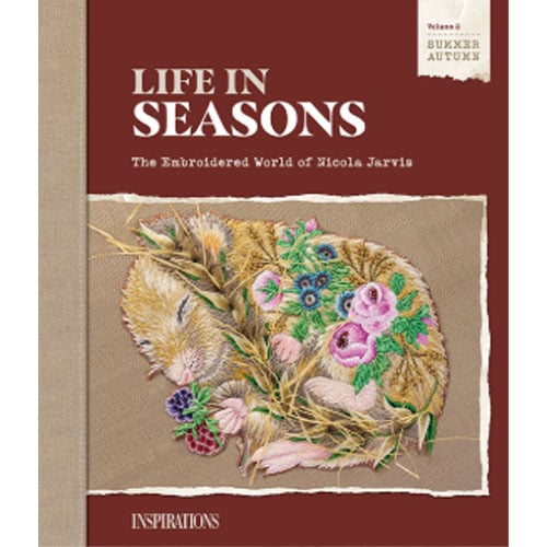 Ra127 Copertina del libro Life in Seasons: The Embroidered World of Nicola Jarvis – Inspirations Volume 2, con ricami ispirati alla fauna e ai paesaggi estivi e autunnali del Warwickshire