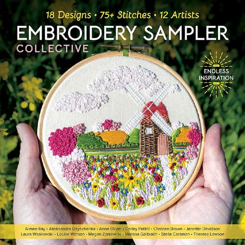 Rba76 Copertina del libro Embroidery Sampler Collective con campionari di ricamo colorati e motivi floreali.