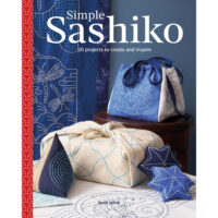 Rp145 Copertina del libro Simple Sashiko, con motivi geometrici ricamati a punti bianchi su tessuto blu, che rappresentano l’eleganza minimalista del ricamo giapponese.