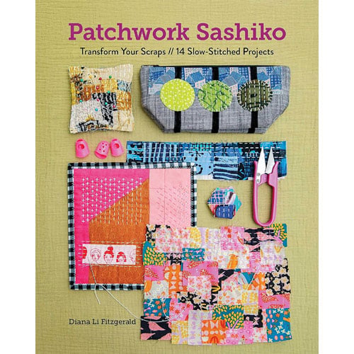 Rp148 Copertina del libro Patchwork Sashiko di Diana Li Fitzgerald, con esempi di tessuti patchwork ricamati a mano in stile sashiko.