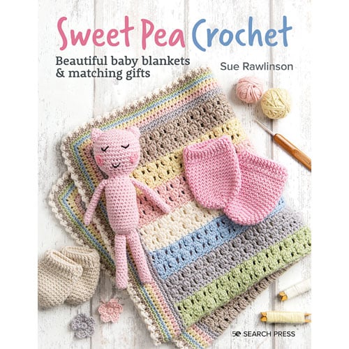 U316 Copertina del libro Sweet Pea Crochet di Sue Rawlinson, con copertina e pupazzetto all’uncinetto in tonalità pastello.